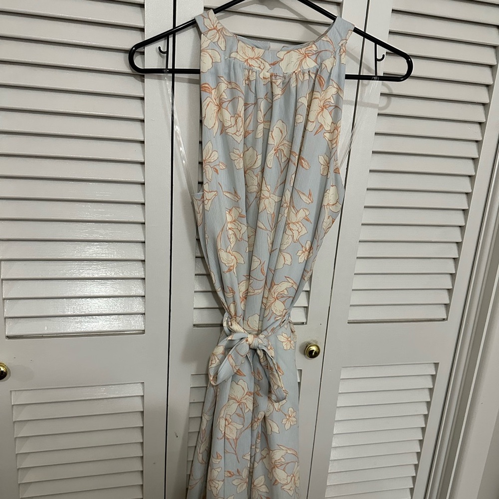 Versona Baby blue dress with terracotta outlined cream flowers.